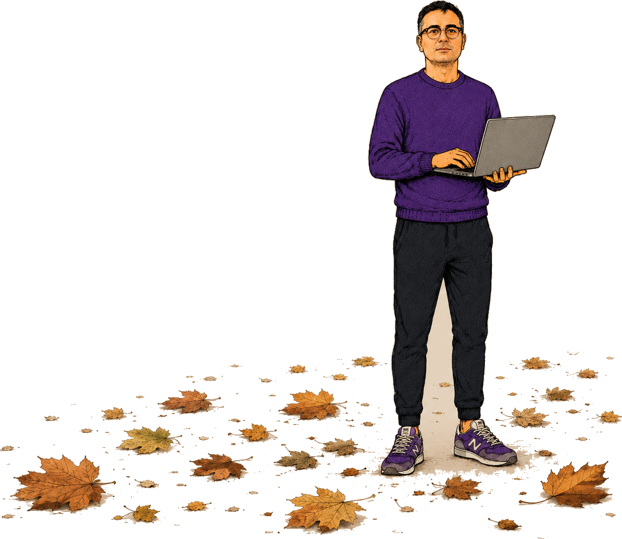 Illustration of the site author holding a laptop, autumn leaves scattered around
